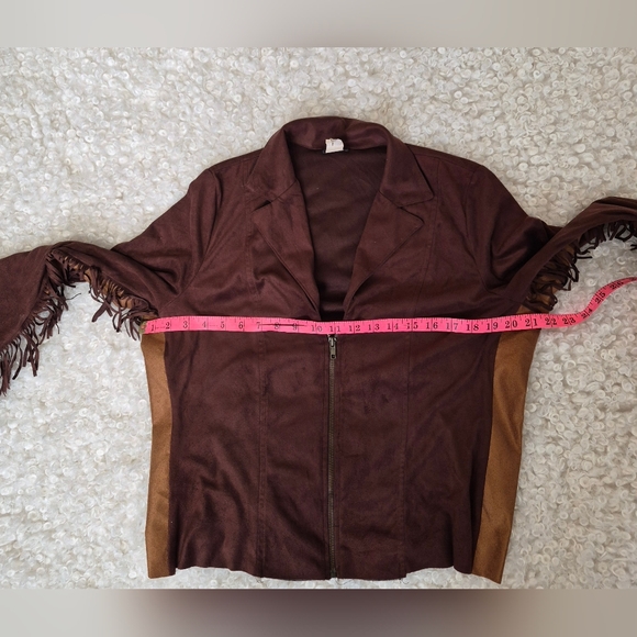 Vintage Vixen Brown Faux Suede Fringe Western Zip Jacket L Cowgirl Boho Fedtival - Picture 6 of 10